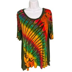 Mexicali Blues Olive Green & Rainbow Tie Dye Short Sleeve Lettuce Hem Top S